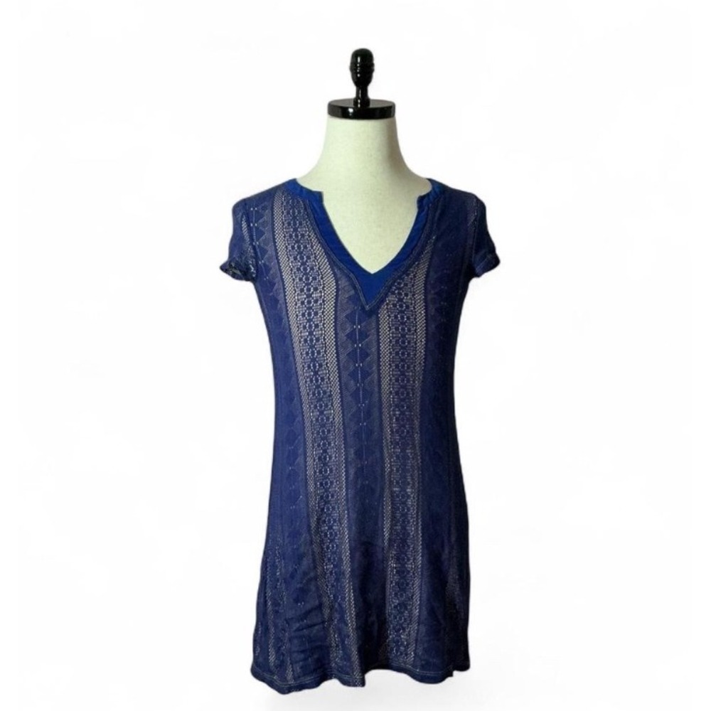 Sanctuary Clothing Blue Pointelle Lace Knit Split V-Neck Tunic Top D298-M07 S